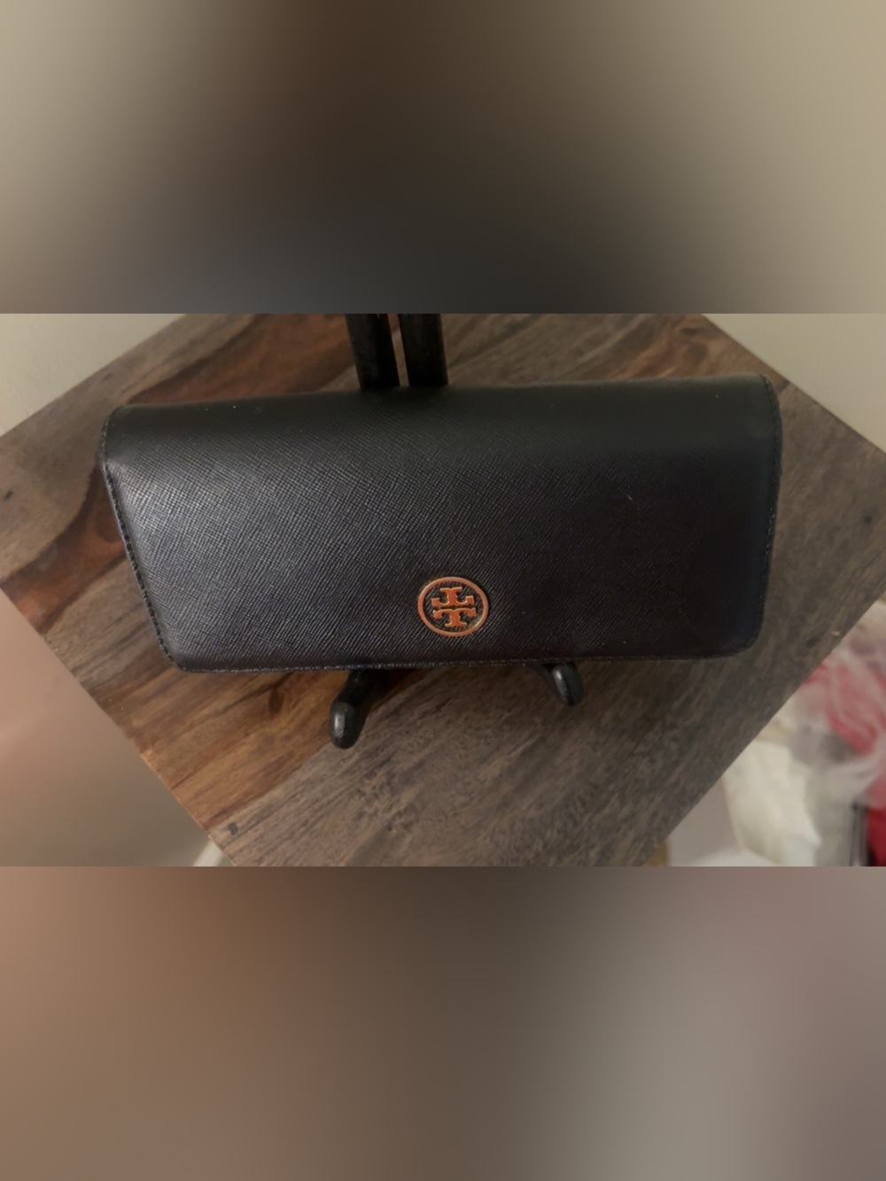 Tory Burch Black Leather Continental Wallet with Gold Logo